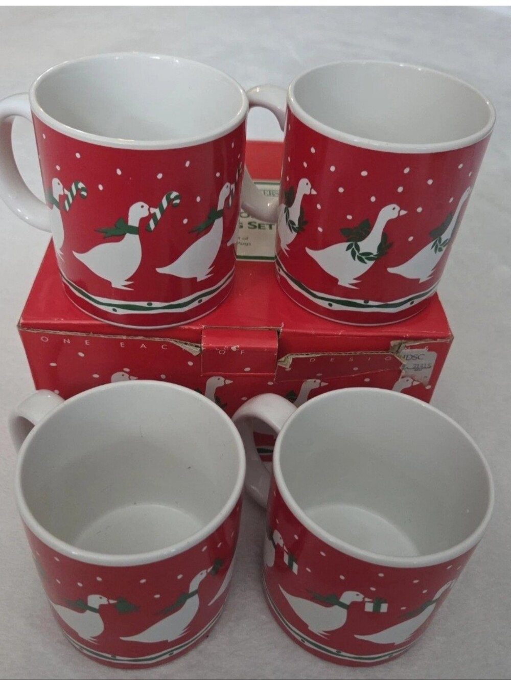 Vintage 1987 CHRISTMAS Goose Ceramic Coffee Mugs Set of 4 Cottagecore
